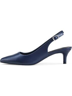Women's Blue Low Kitten Heel Slingback Ankle Strap Pump Pointed Toe Comfortable